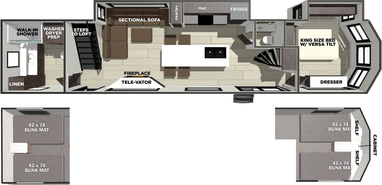 The Wildwood Lodge 44ZEN Floorplan has two entries and two slide outs. Exterior features include: fiberglass exterior and 26 awning. Interiors features include: loft, kitchen island, front bedroom and rear bathroom.